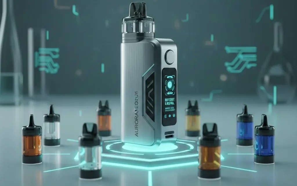 Small refillable vape pod system device with pod attached